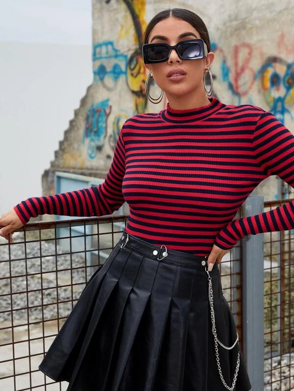 SHEIN Mock-neck Rib-knit Striped Tee
