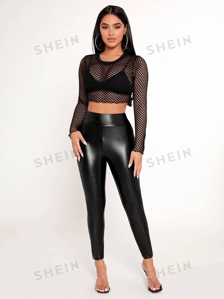SHEIN PETITE Solid PU Leather Skinny Pants