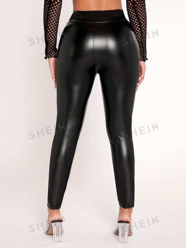 SHEIN PETITE Solid PU Leather Skinny Pants