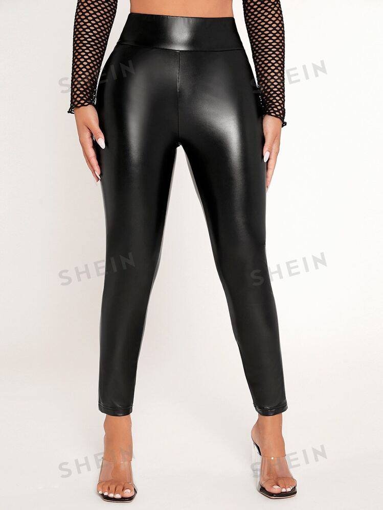 SHEIN PETITE Solid PU Leather Skinny Pants