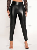 SHEIN PETITE Solid PU Leather Skinny Pants