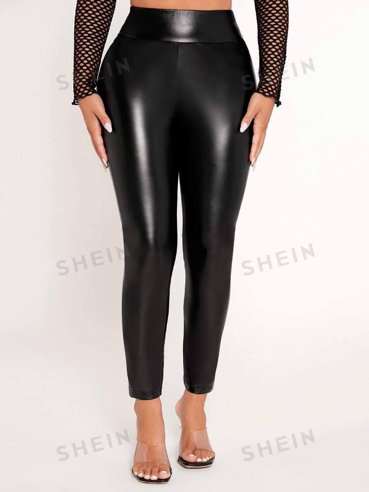 SHEIN PETITE Solid PU Leather Skinny Pants