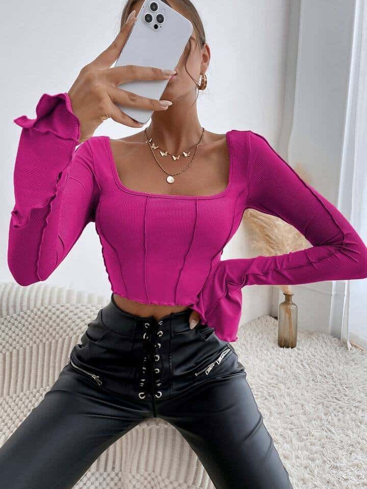 SHEIN Privé Tie Back Lettuce Trim Crop Top
