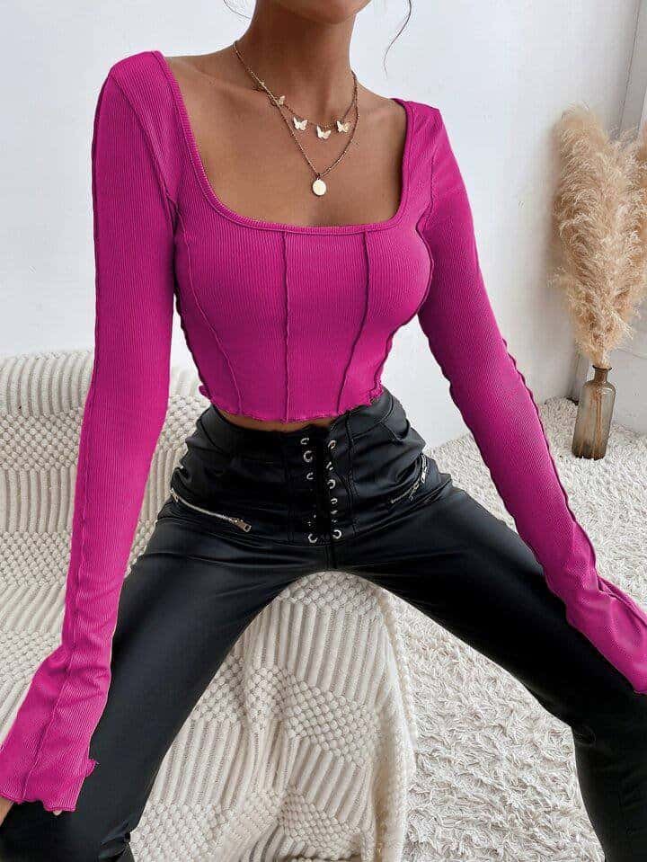 SHEIN Privé Tie Back Lettuce Trim Crop Top