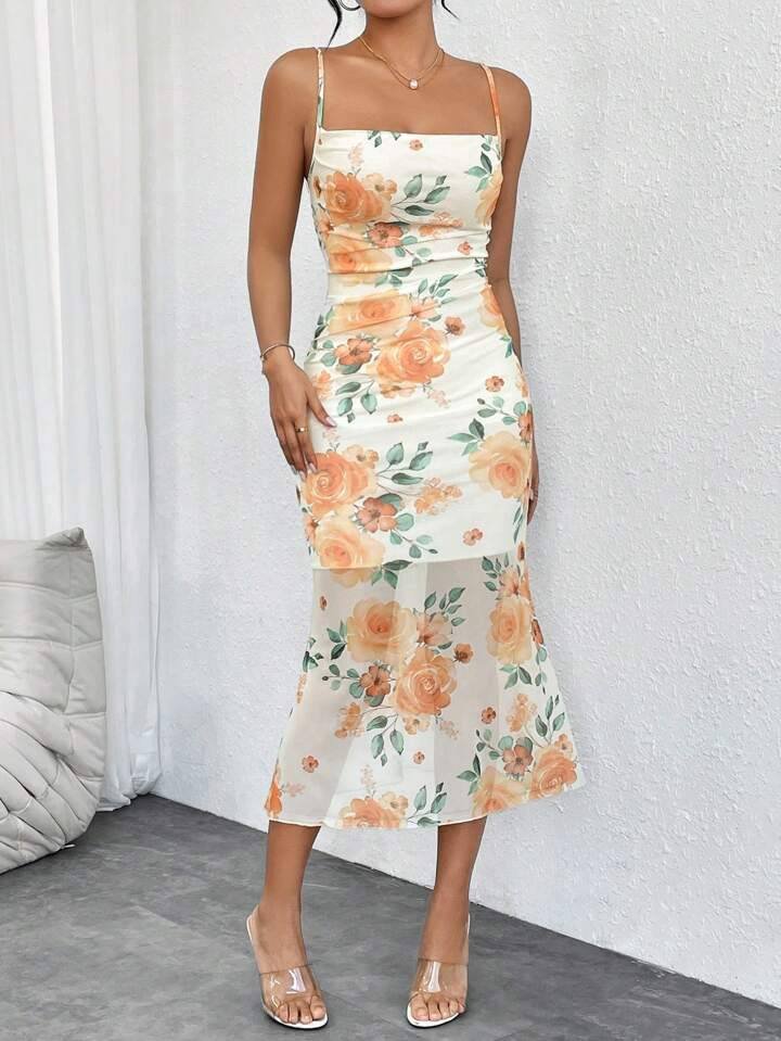 SHEIN Privé Women'S Mesh Floral Printed Spaghetti Strap Long Summer Bodycon Cami Dress