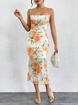 SHEIN Privé Women'S Mesh Floral Printed Spaghetti Strap Long Summer Bodycon Cami Dress