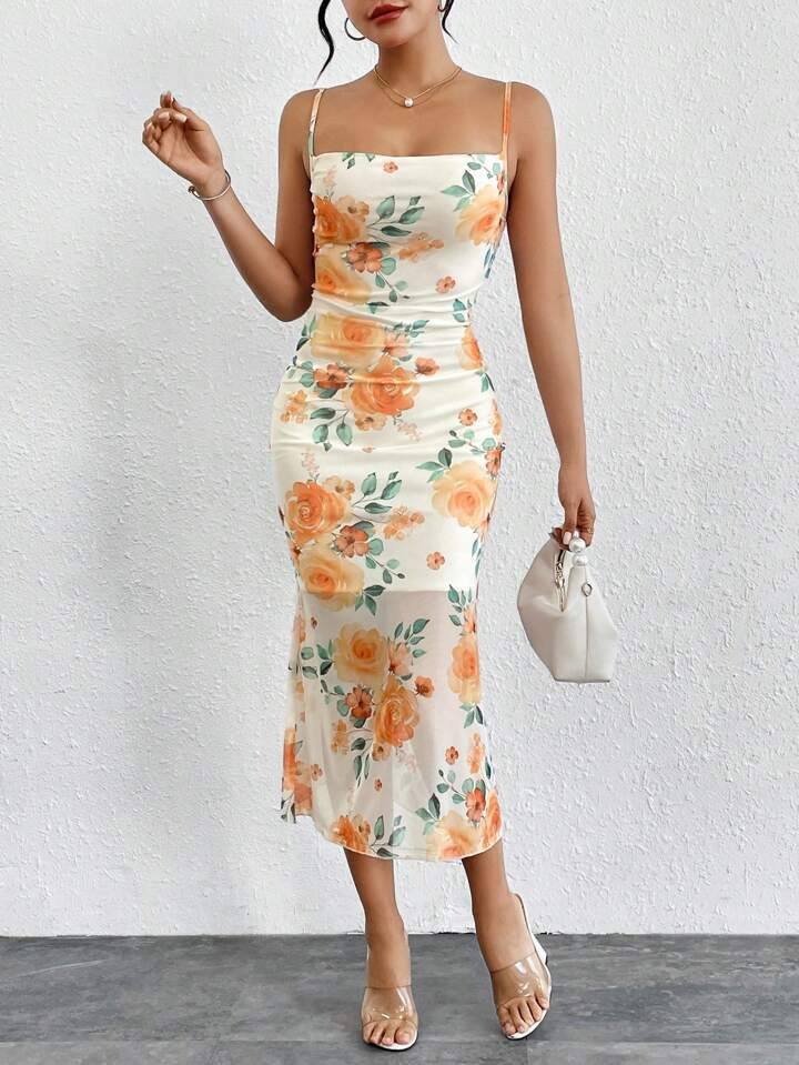 SHEIN Privé Women'S Mesh Floral Printed Spaghetti Strap Long Summer Bodycon Cami Dress