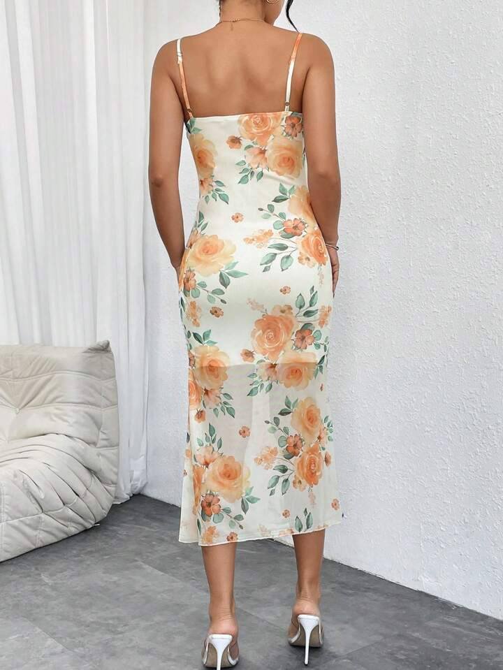 SHEIN Privé Women'S Mesh Floral Printed Spaghetti Strap Long Summer Bodycon Cami Dress