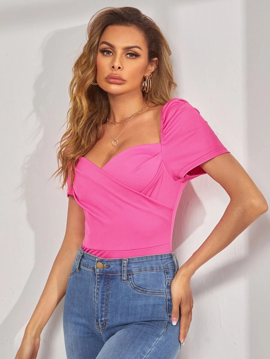 SHEIN Puff Sleeve Wrap Sweetheart Bodysuit