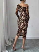 SHEIN Raffinéa Elegant Asymmetric Neck Leopard Print Bodycon Dress, Autumn