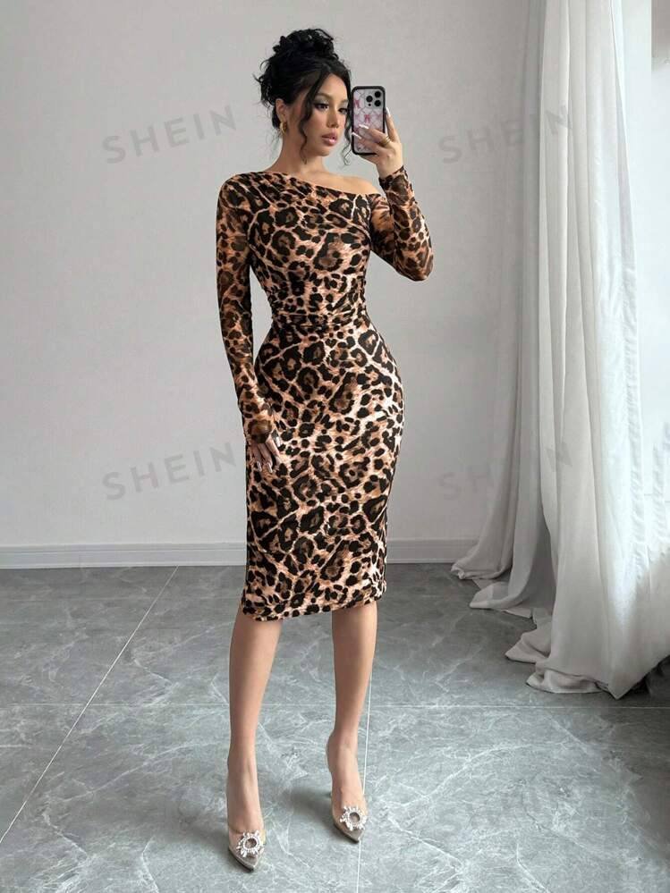 SHEIN Raffinéa Elegant Asymmetric Neck Leopard Print Bodycon Dress, Autumn