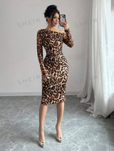 SHEIN Raffinéa Elegant Asymmetric Neck Leopard Print Bodycon Dress, Autumn