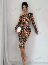 SHEIN Raffinéa Elegant Asymmetric Neck Leopard Print Bodycon Dress, Autumn