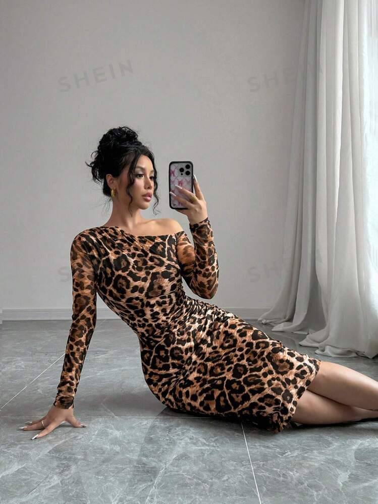 SHEIN Raffinéa Elegant Asymmetric Neck Leopard Print Bodycon Dress, Autumn
