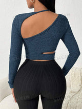 SHEIN SXY Deep Grey Rib-Knit Long Sleeve Asymmetric Shoulder Top