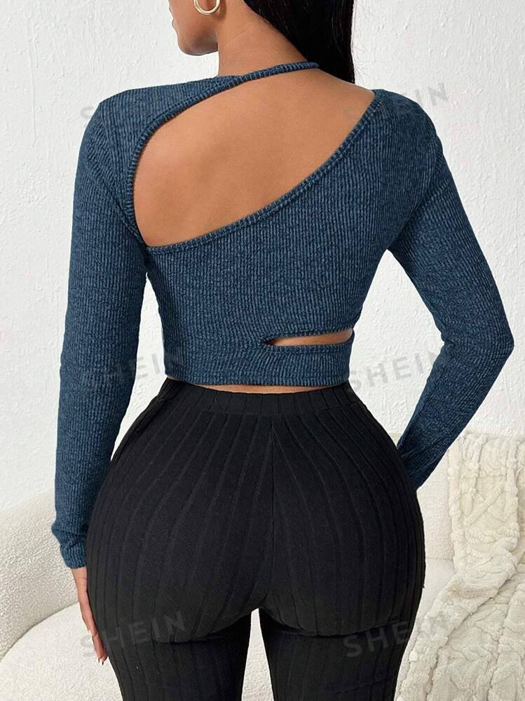 SHEIN SXY Deep Grey Rib-Knit Long Sleeve Asymmetric Shoulder Top