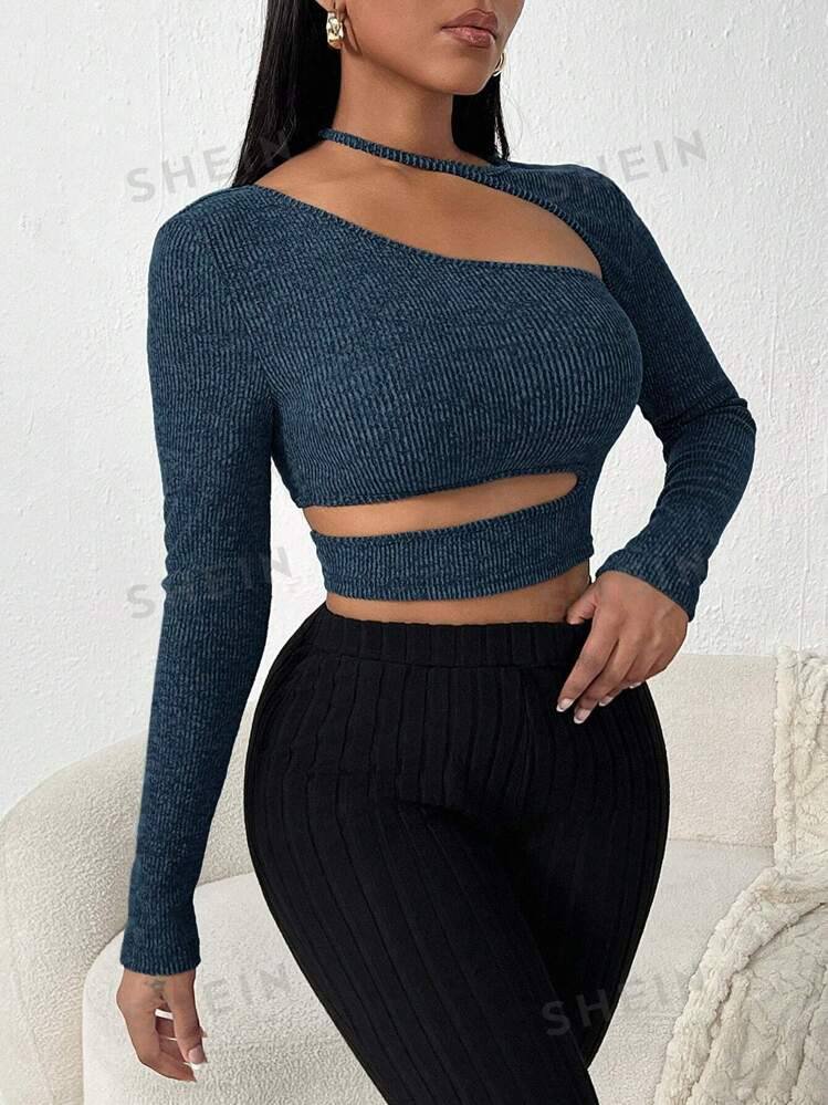 SHEIN SXY Deep Grey Rib-Knit Long Sleeve Asymmetric Shoulder Top
