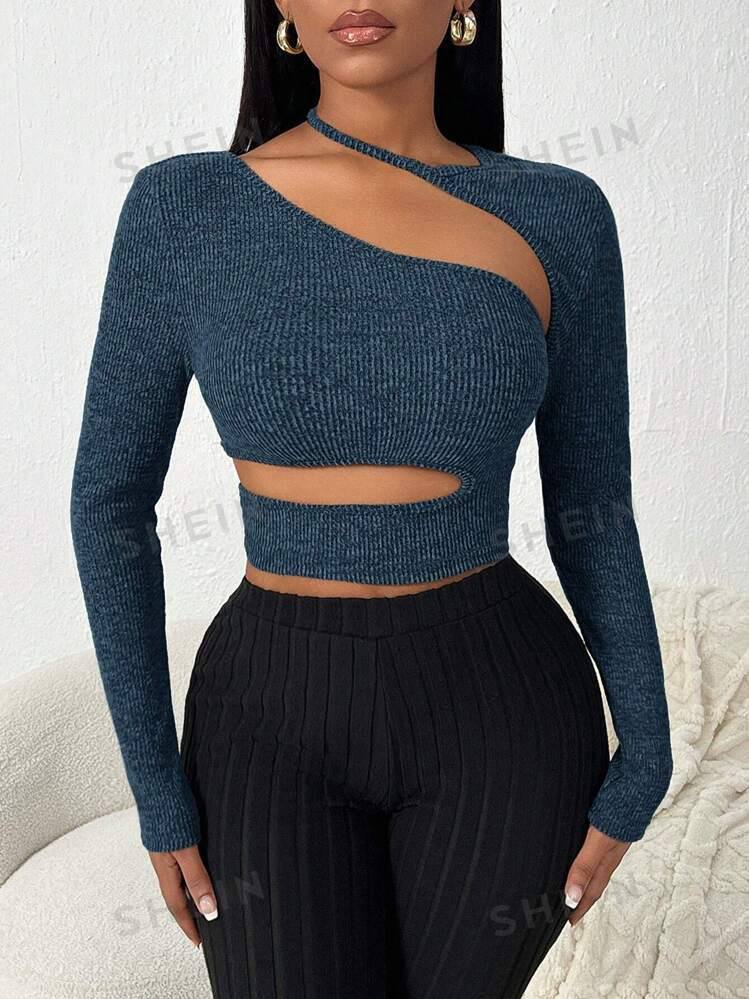 SHEIN SXY Deep Grey Rib-Knit Long Sleeve Asymmetric Shoulder Top