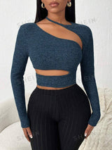 SHEIN SXY Deep Grey Rib-Knit Long Sleeve Asymmetric Shoulder Top