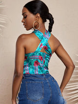 SHEIN SXY Floral Crossover Peekaboo Bustier Crop Halter Top