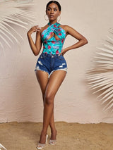 SHEIN SXY Floral Crossover Peekaboo Bustier Crop Halter Top