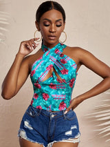 SHEIN SXY Floral Crossover Peekaboo Bustier Crop Halter Top