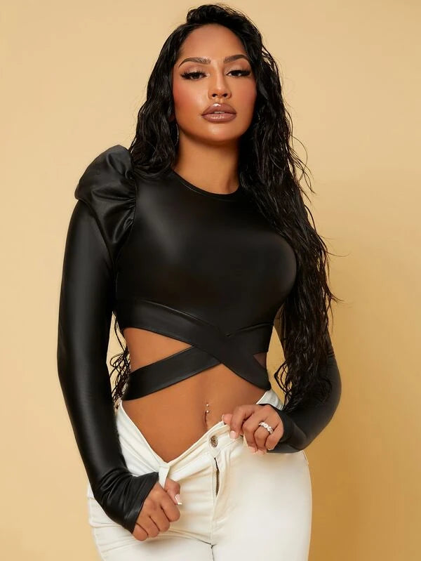 SHEIN SXY Gigot Sleeve Criss Cross Peekaboo Front Crop Tee