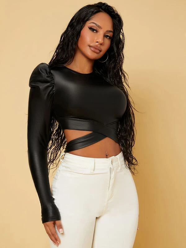 SHEIN SXY Gigot Sleeve Criss Cross Peekaboo Front Crop Tee