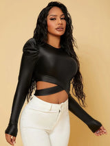 SHEIN SXY Gigot Sleeve Criss Cross Peekaboo Front Crop Tee