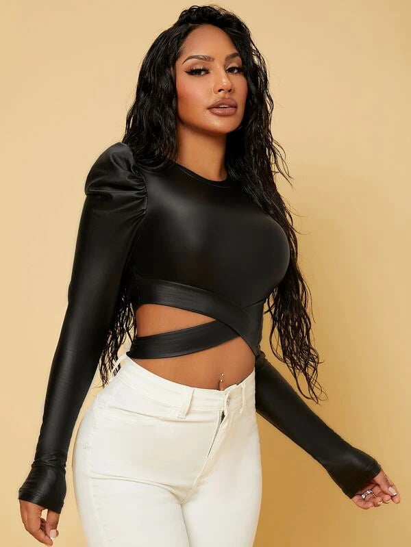 SHEIN SXY Gigot Sleeve Criss Cross Peekaboo Front Crop Tee