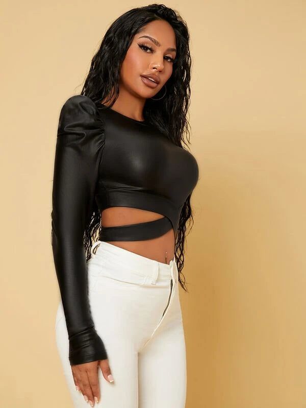 SHEIN SXY Gigot Sleeve Criss Cross Peekaboo Front Crop Tee