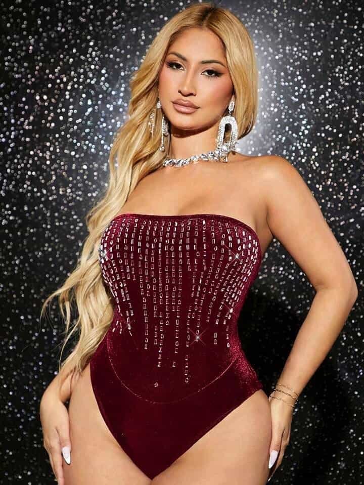 SHEIN SXY Rhinestone Detail Tube Bodysuit