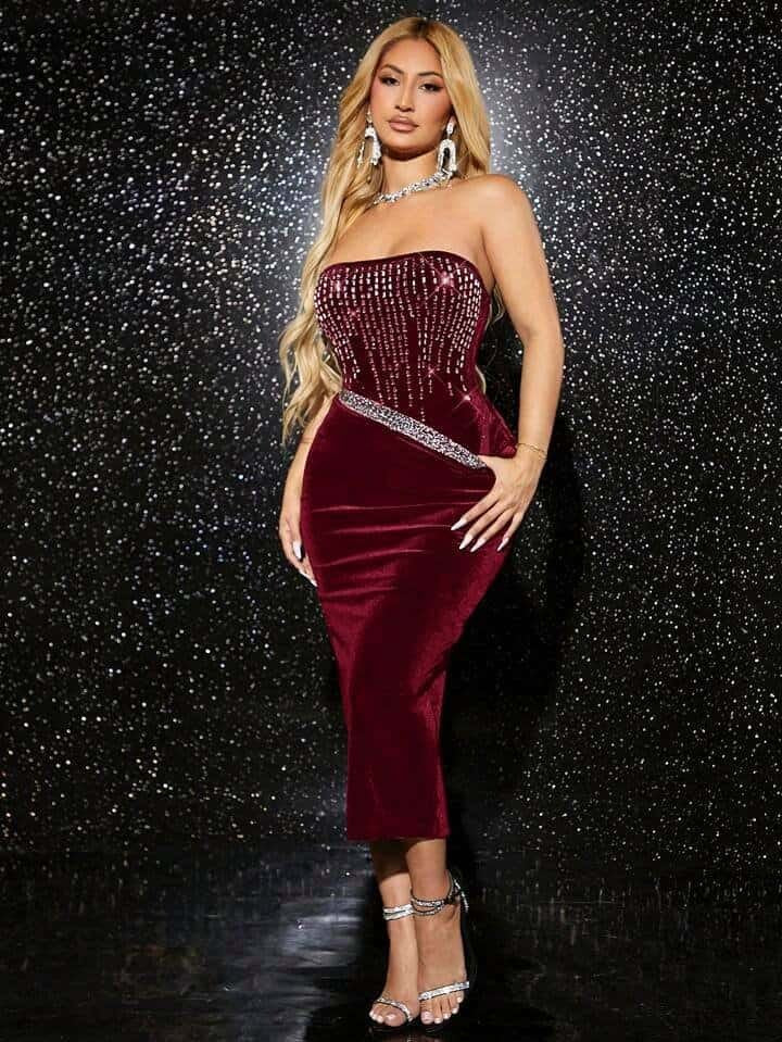 SHEIN SXY Rhinestone Detail Tube Bodysuit