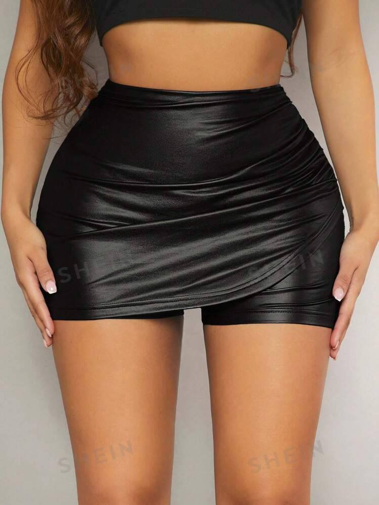 SHEIN SXY Ruched PU Leather Skort