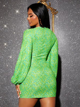 SHEIN SXY Space Dye Lantern Sleeve Fake Button Bodycon Dress