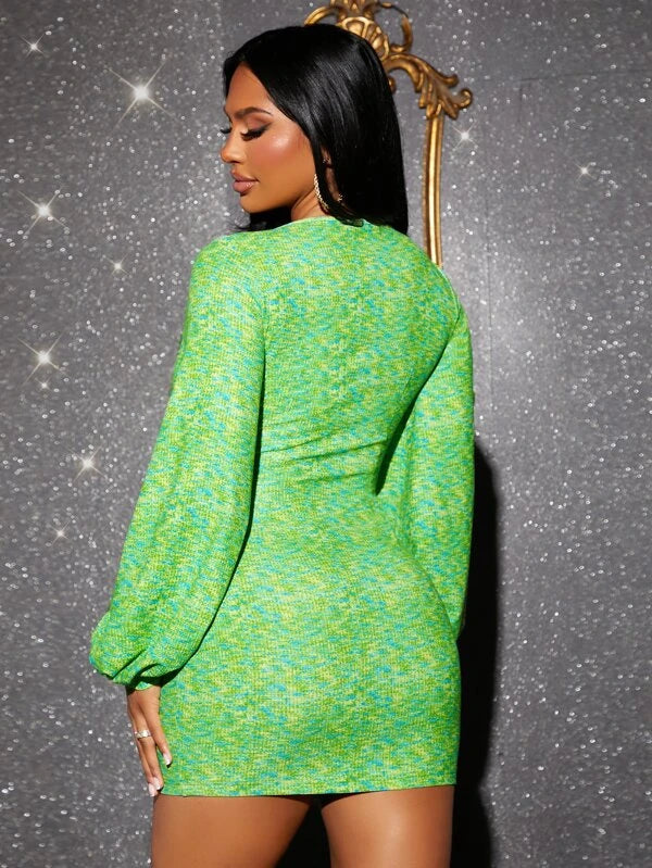 SHEIN SXY Space Dye Lantern Sleeve Fake Button Bodycon Dress