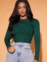 SHEIN SXY Spring Green Pleated Skinny Long Sleeve T-Shirt