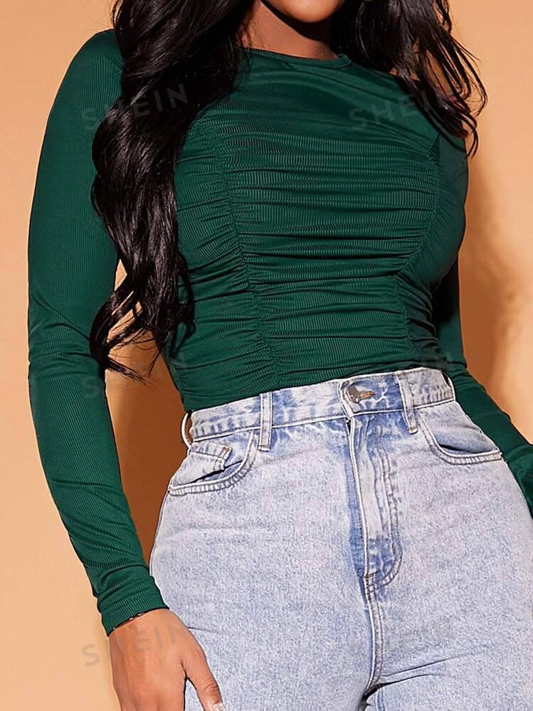 SHEIN SXY Spring Green Pleated Skinny Long Sleeve T-Shirt