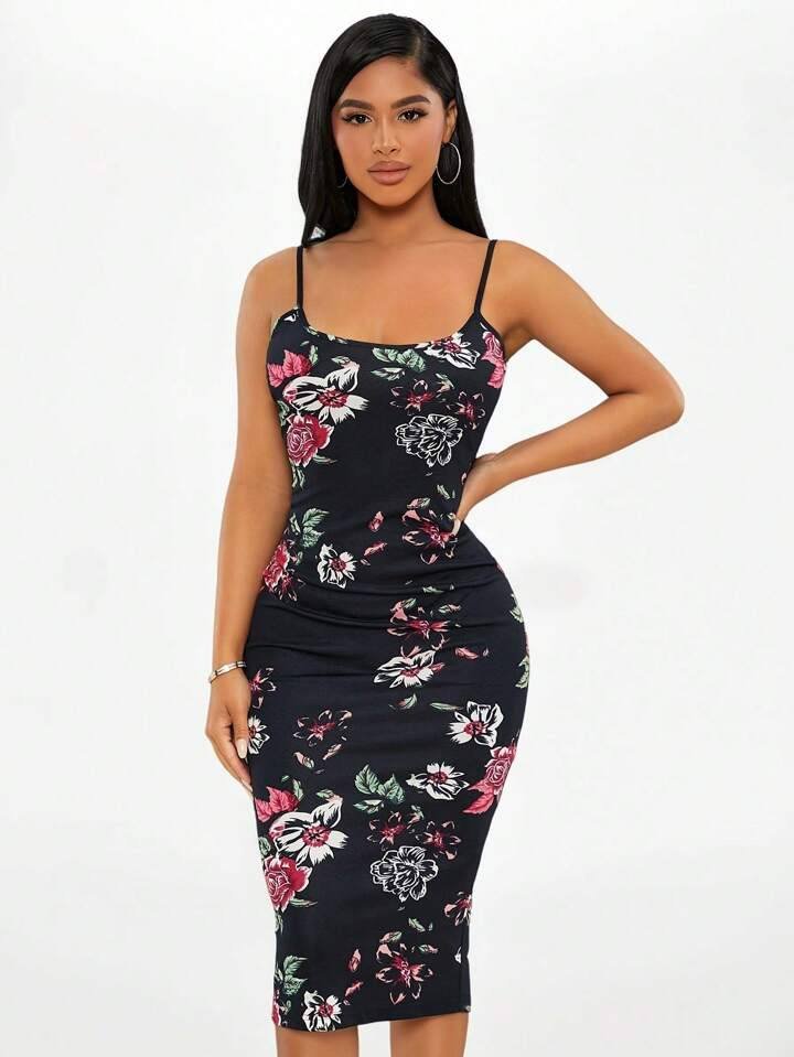 SHEIN SXY Sundress;Floral Print Split Hem Bodycon Cami Dress