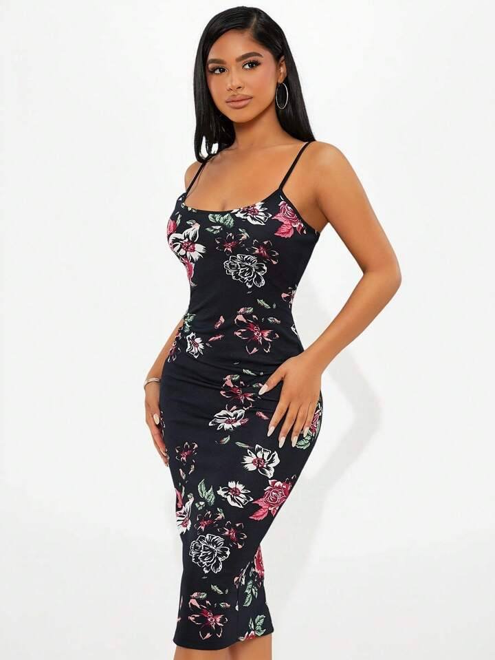 SHEIN SXY Sundress;Floral Print Split Hem Bodycon Cami Dress
