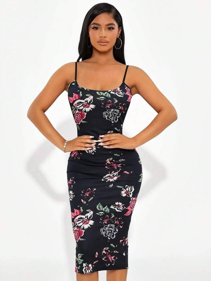 SHEIN SXY Sundress;Floral Print Split Hem Bodycon Cami Dress