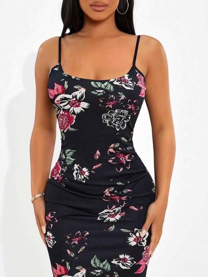SHEIN SXY Sundress;Floral Print Split Hem Bodycon Cami Dress