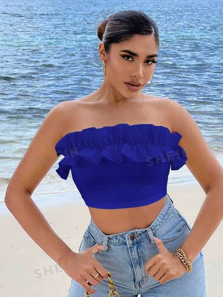 SHEIN SXY Women Solid Color Simple Style Lace Trimmed Bandeau Top