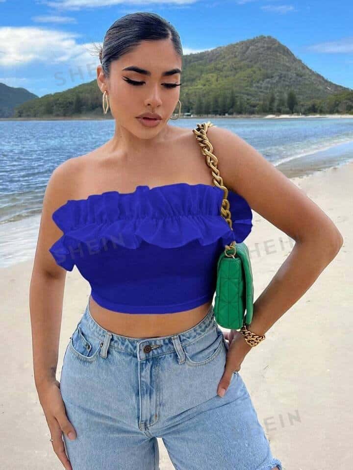 SHEIN SXY Women Solid Color Simple Style Lace Trimmed Bandeau Top