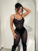 SHEIN SXY Women's Black Sexy Cami Bodysuit With Sheer Lace And Spaghetti Straps Raglan Sleeves,