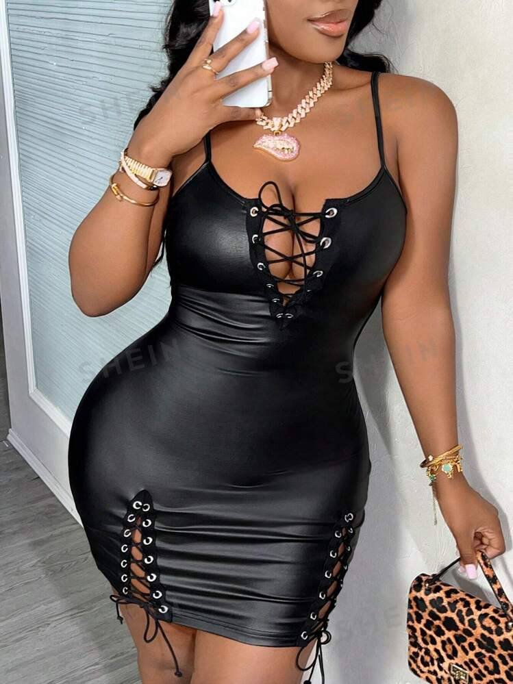 SHEIN Slayr Sexy Black Metal Strap Binding Mini Bodycon Dress