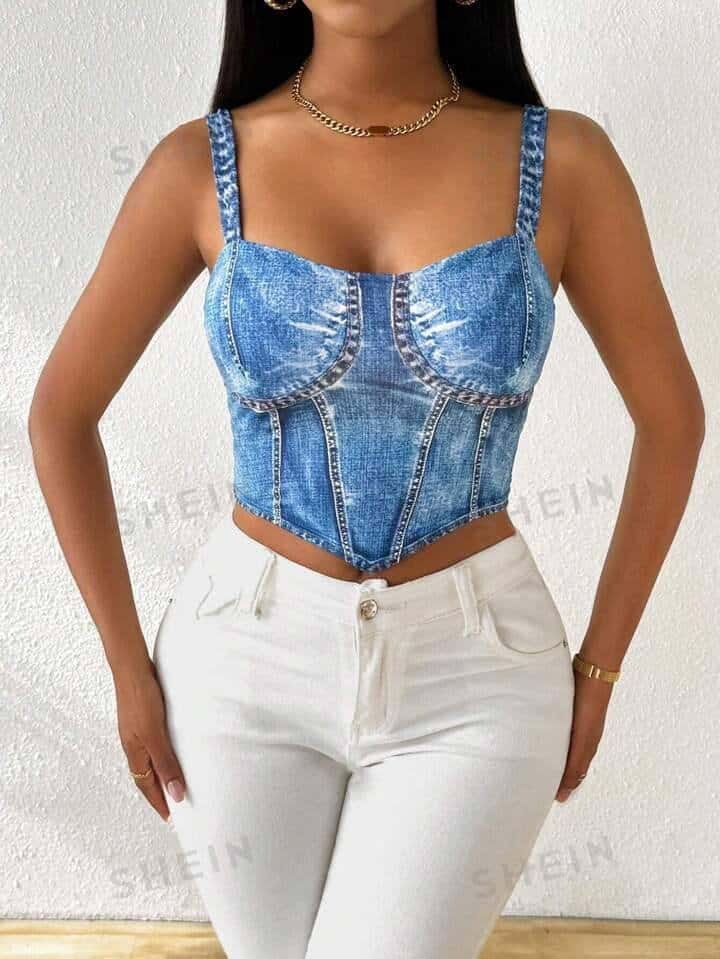 SHEIN Slayr Summer Fashionable Blue Denim Printed Slim Fit Crop Top