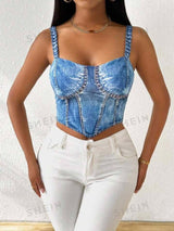 SHEIN Slayr Summer Fashionable Blue Denim Printed Slim Fit Crop Top