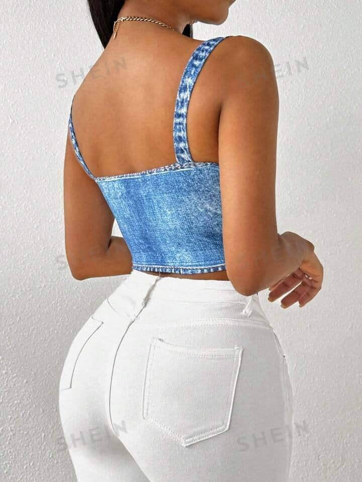 SHEIN Slayr Summer Fashionable Blue Denim Printed Slim Fit Crop Top