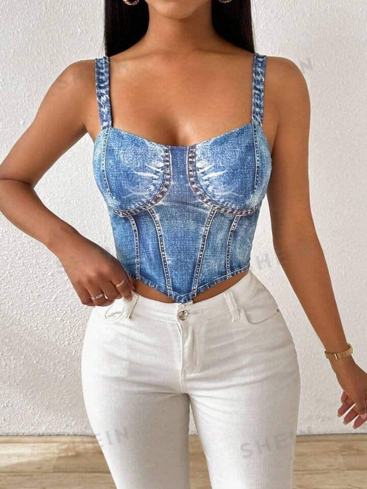 SHEIN Slayr Summer Fashionable Blue Denim Printed Slim Fit Crop Top